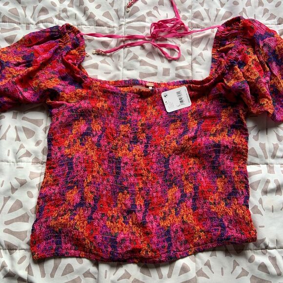 Free People Boho Smocked Back on Top Puff Sleeve Crop Top NWT Women's Large - Picture 7 of 7